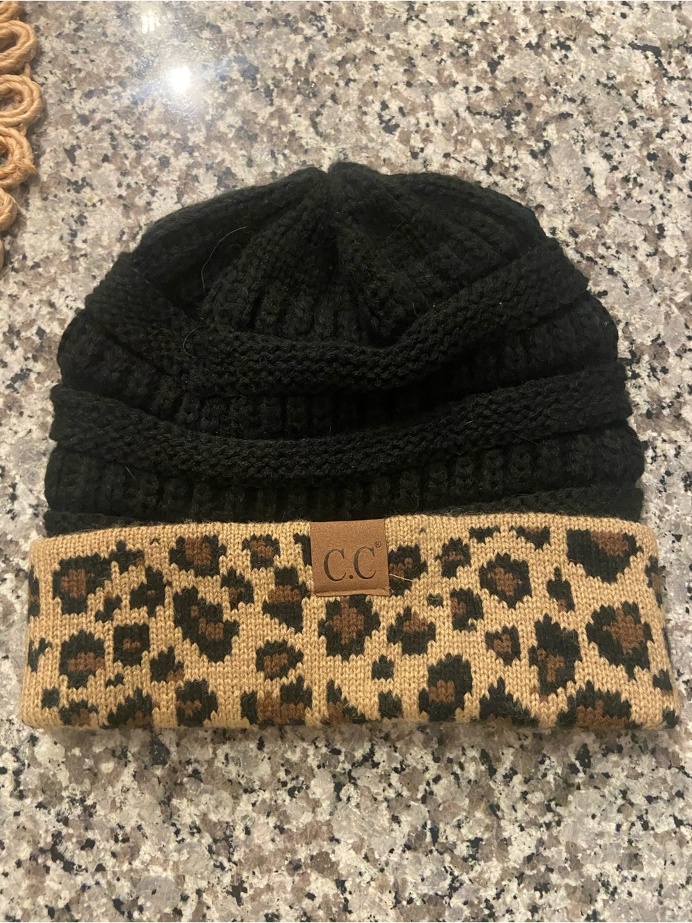 C.C Women’s Black Knit Beanie with Leopard Cuff